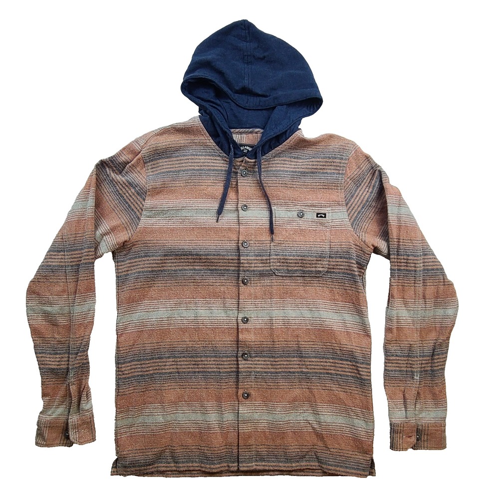 Billabong Men's Large Hooded Flannel Shirt Jacket Brown Stripe Button Up Surf